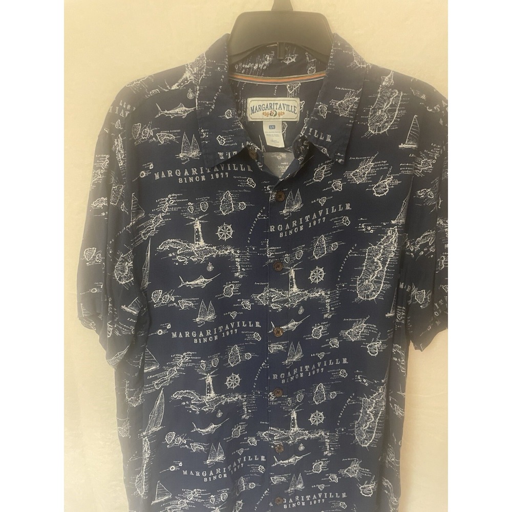 Margaritaville Jimmy Buffet Shirt Mens Large Blue Nautical‎ Map Rayon Button Up